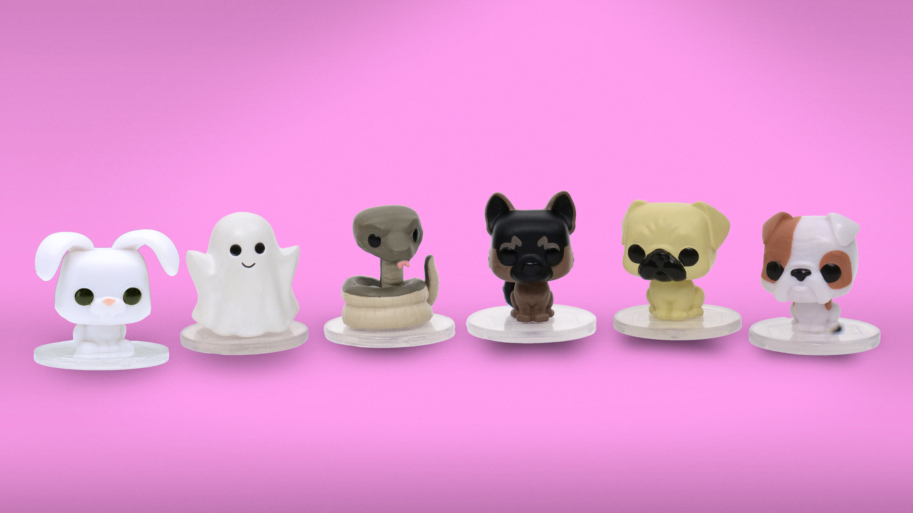 Six new Pop! Yourself Pets are lined up starting with Pop! Rabbit, Pop! Ghost, Pop! Snake, Pop! German Shephard, Pop! Pug, and Pop! Bulldog.